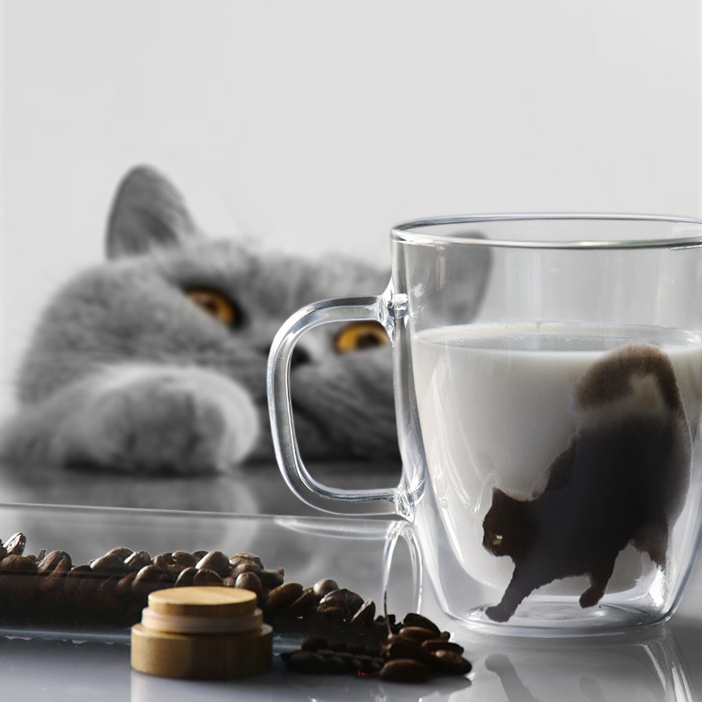 Abstract Cat Double Insulated Glass Milk Cup