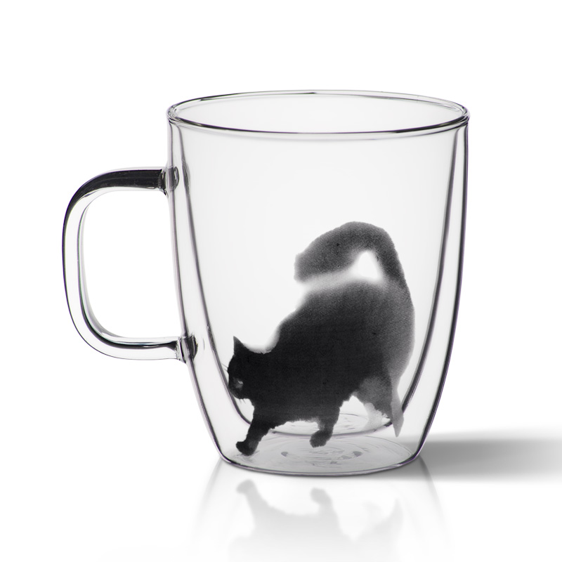 Abstract Cat Double Insulated Glass Milk Cup