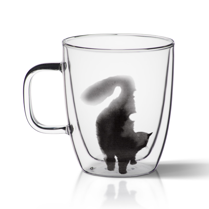 Abstract Cat Double Insulated Glass Milk Cup