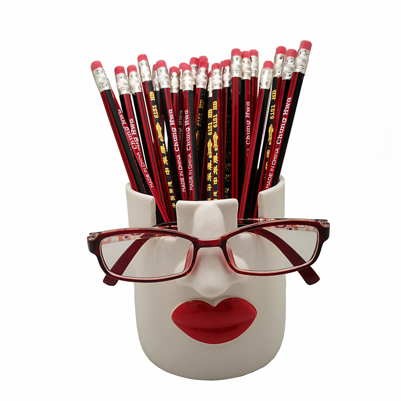 Sexy Woman Face Red Lips Glasses Holder Organize Pen Holder