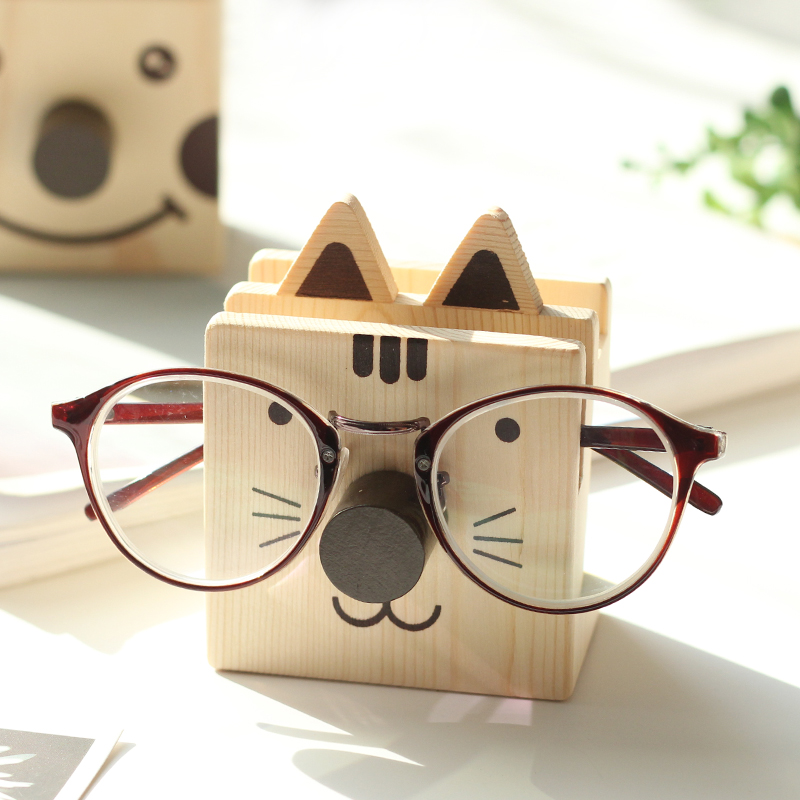 Wooden Cartoon Glasses Holder Storage Pen Holder