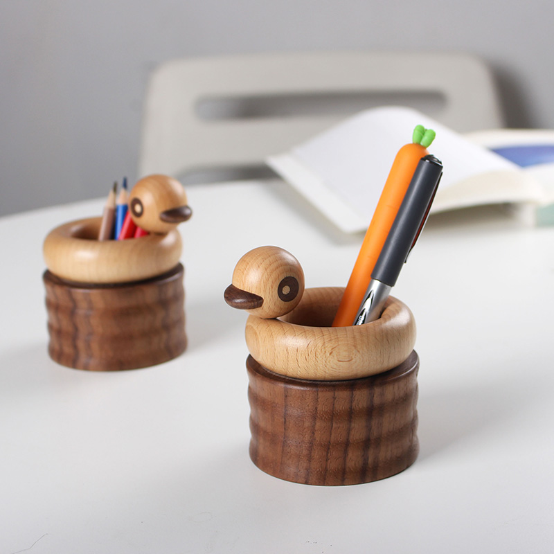 Creative Wooden Duck Pen Holder Desktop Organize Storage