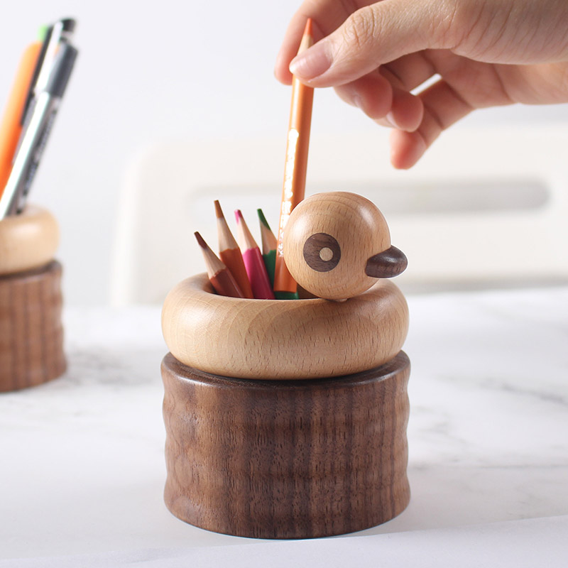 Creative Wooden Duck Pen Holder Desktop Organize Storage