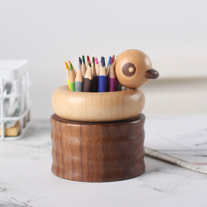 Creative Wooden Duck Pen Holder Desktop Organize Storage