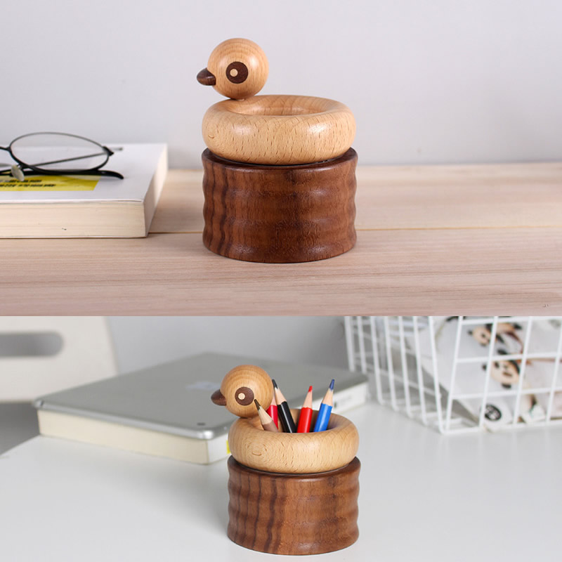 Creative Wooden Duck Pen Holder Desktop Organize Storage