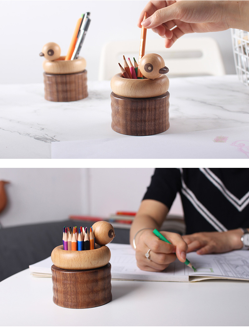 Creative Wooden Duck Pen Holder Desktop Organize Storage