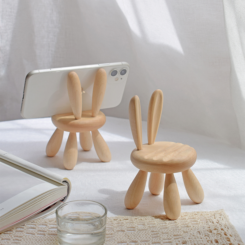 Wooden Rabbit Big Ears Chair Phone Holder