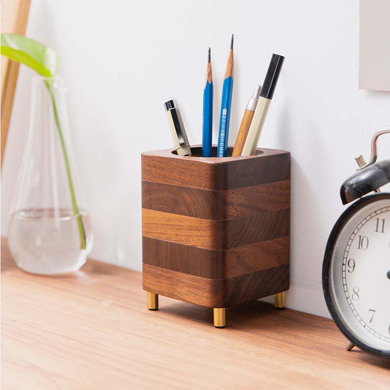 Classic Square Black Walnut Wood Office Organize Pen Holder - Rainjo