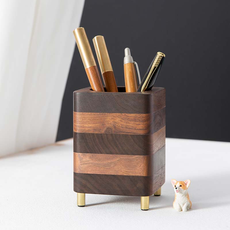 Classic Square Black Walnut Wood Office Organize Pen Holder