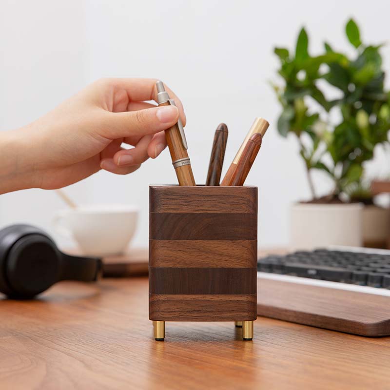 Classic Square Black Walnut Wood Office Organize Pen Holder