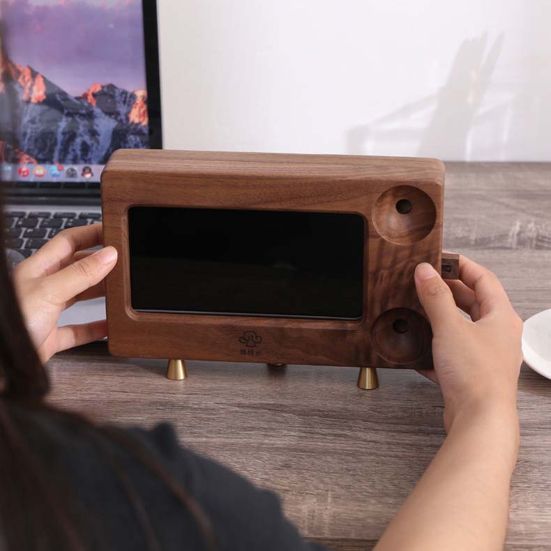 Retro Black Walnut Wooden Phone Holder Sound Amplify