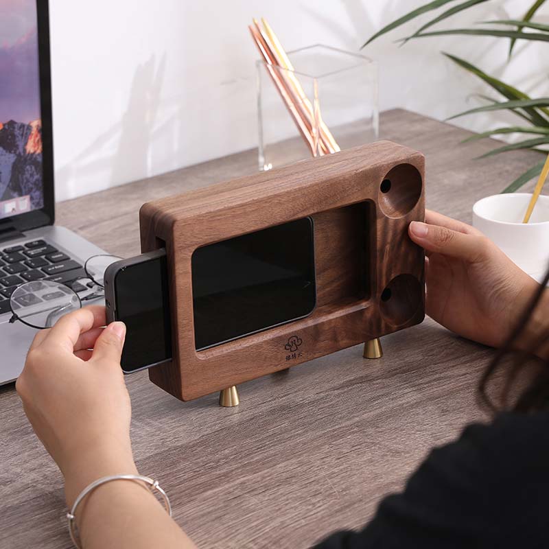 Retro Black Walnut Wooden Phone Holder Sound Amplify