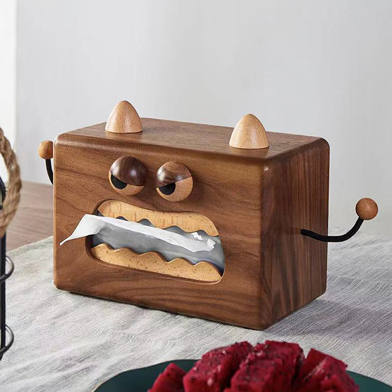 Angry Big Horned Monster Black Walnut Wooden Tissue Box