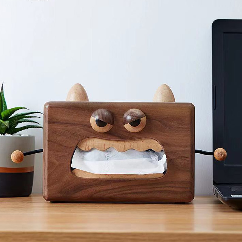 Angry Big Horned Monster Black Walnut Wooden Tissue Box