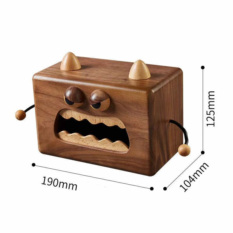 Angry Big Horned Monster Black Walnut Wooden Tissue Box