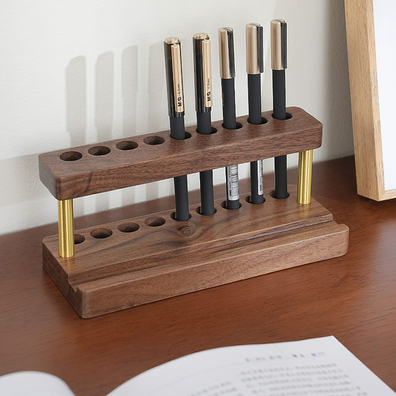 Black Walnut Wood Multi-Slot Pen Holder With Phone Stand