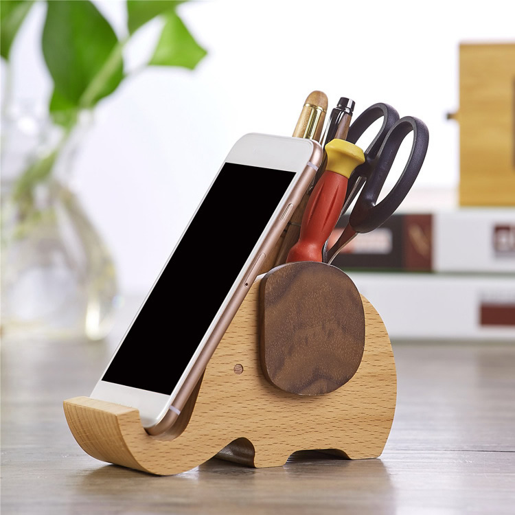 Cute Elephant Pen Holder Wooden Phone Holder