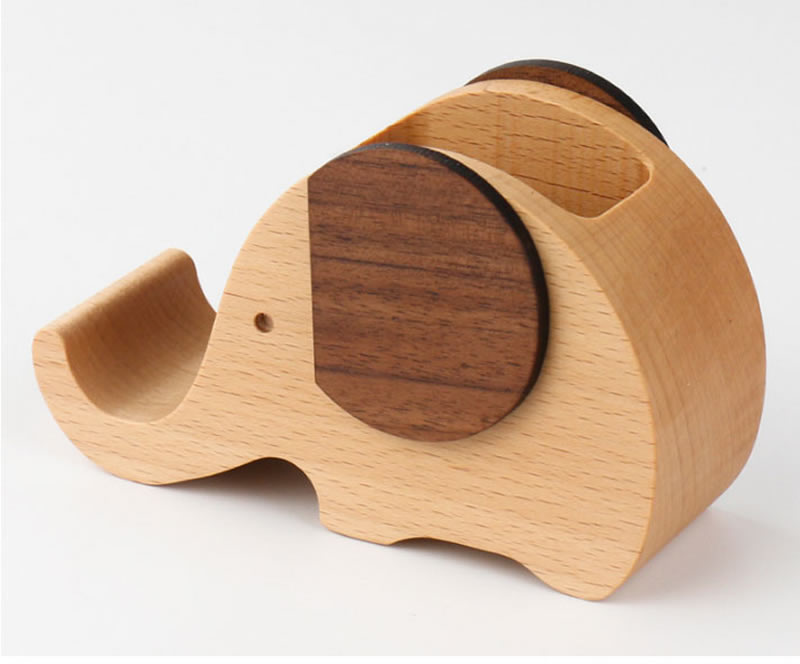 Cute Elephant Pen Holder Wooden Phone Holder