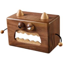 Angry Big Horned Monster Black Walnut Wooden Tissue Box