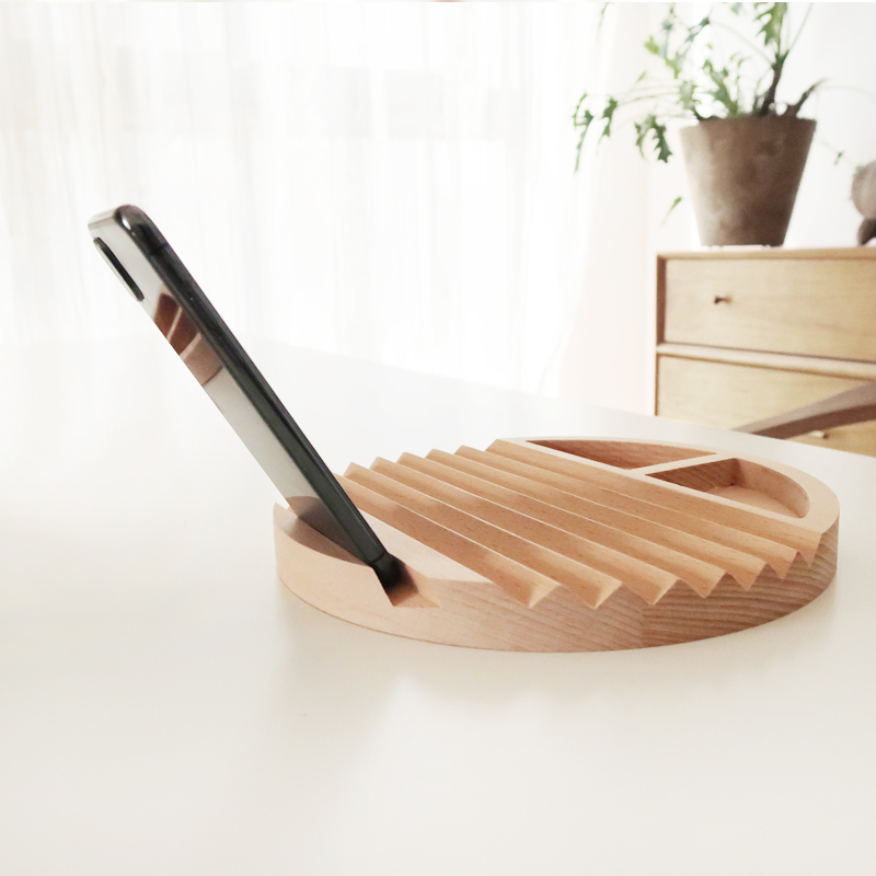 Office Wooden Round Plate Organizer Pen Holder Phone Holder