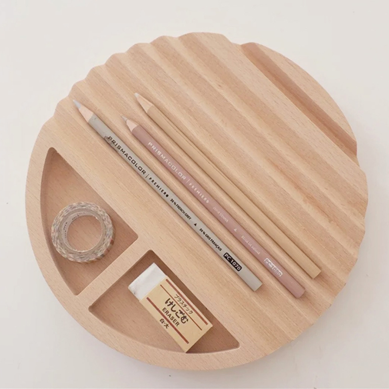 Office Wooden Round Plate Organizer Pen Holder Phone Holder